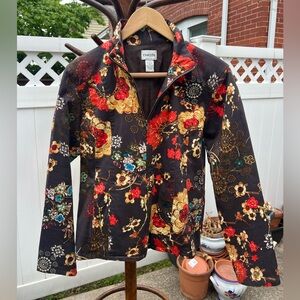 Chico's Black Floral Zip Jacket with Red & Gold Accents